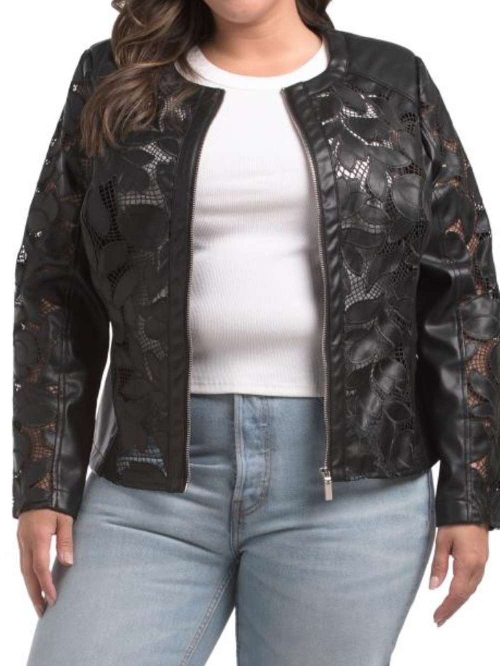 Bagatelle Collections Plus-Size Black Faux Leather Laser-Cut Jacket